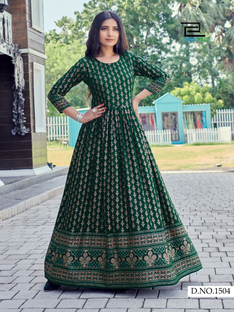 1504 Walkway Designer Foil Print Long Gown Shopindiapparels.com