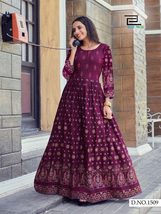 1509 Walkway Designer Foil Print Long Gown Shopindiapparels.com