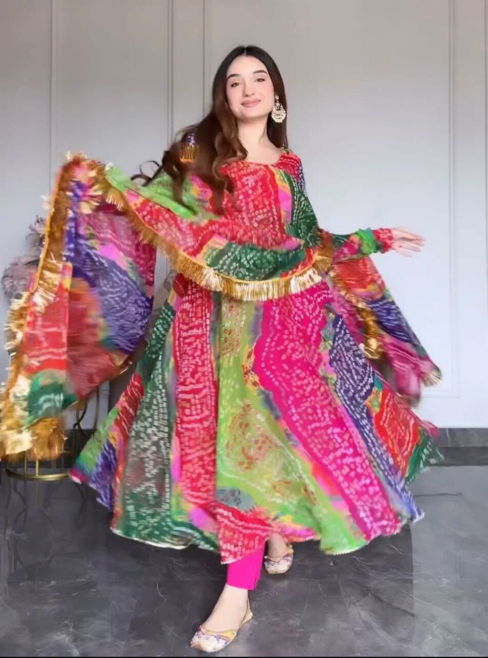 Bandhani Print Multi Color Georgette Gown with Dupatta gown shopindi.sg