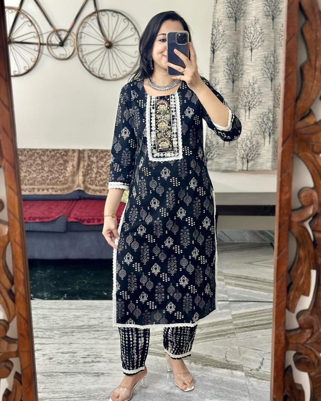 Beautiful Reyon Black Straight kurti Pant With Malmal Printed Dupatta Kurti with Dupatta and Bottom Shopin Di Apparels