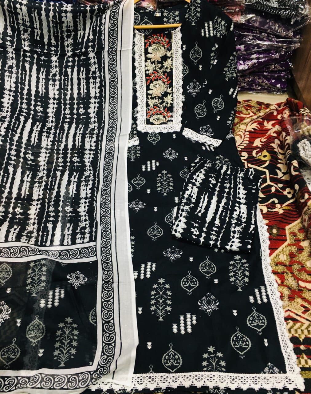 Beautiful Reyon Black Straight kurti Pant With Malmal Printed Dupatta Kurti with Dupatta and Bottom Shopin Di Apparels