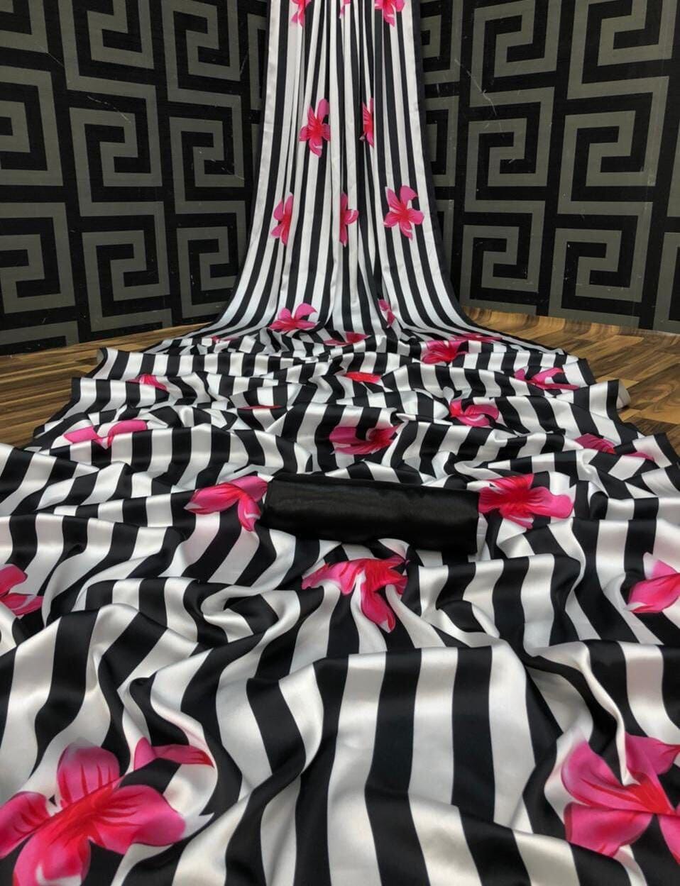 Black and White Stripes Digital printed Japan Satin Saree with Satin Blouse Satin Saree Shopin Di Apparels