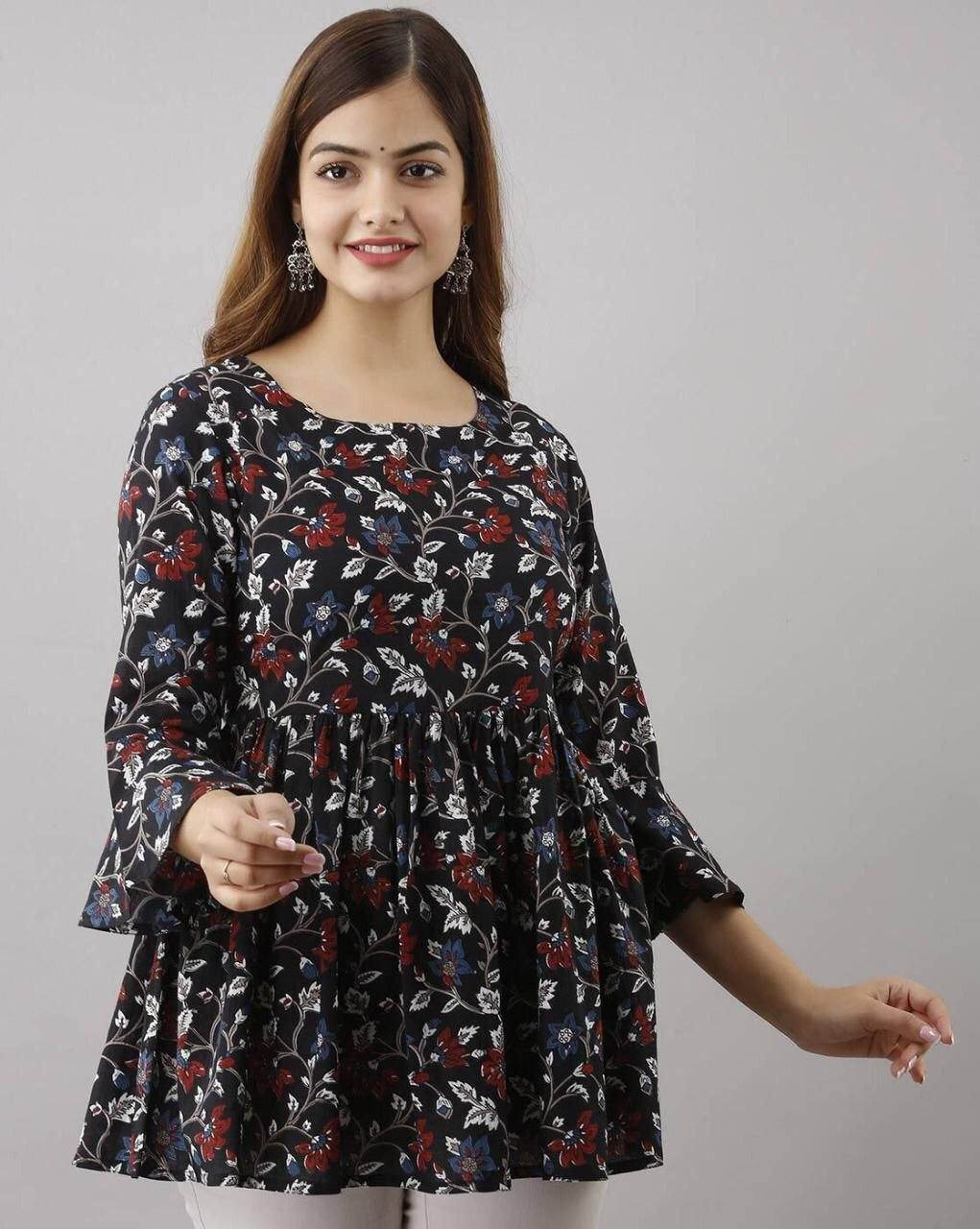 Black Cotton Western Printed Top Western Top Shopindiapparels.com