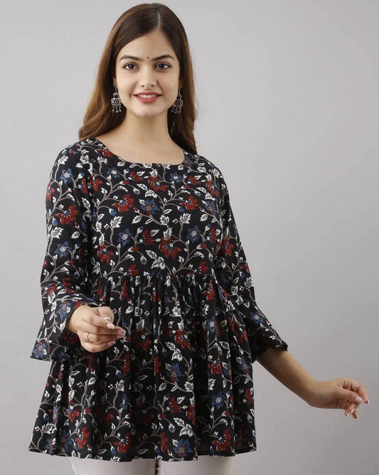 Black Cotton Western Printed Top Western Top Shopindiapparels.com