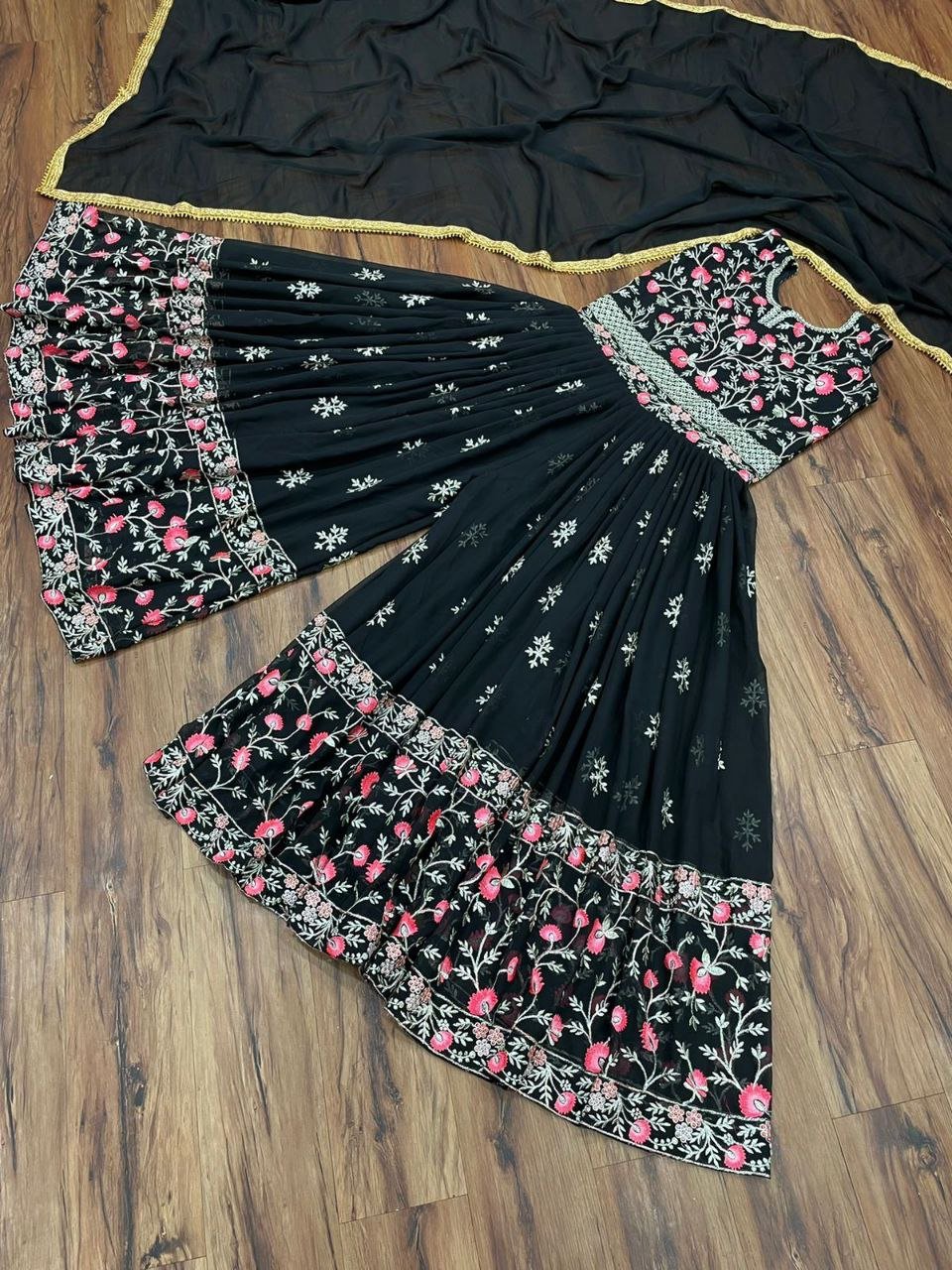 Black Designer Embroidered Georgette Jumpsuit Jumpsuits & Rompers Shopindiapparels.com