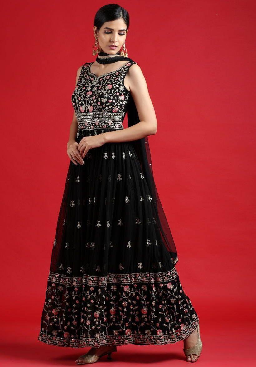 Black Designer Embroidered Georgette Jumpsuit Jumpsuits & Rompers Shopindiapparels.com