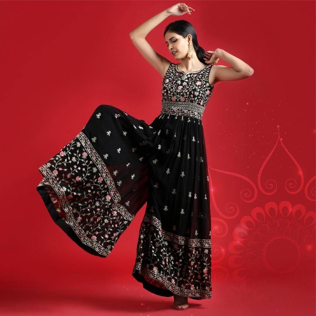 Black Designer Embroidered Georgette Jumpsuit Jumpsuits & Rompers Shopindiapparels.com