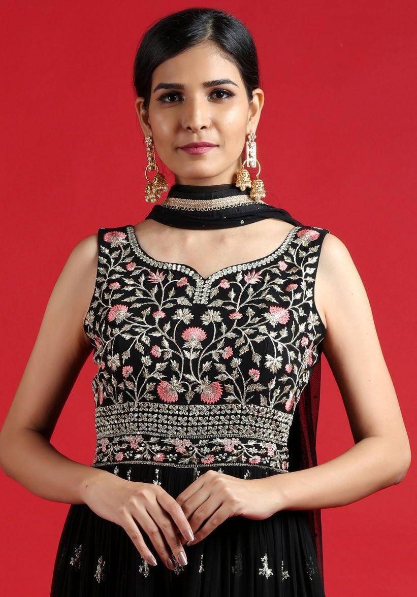 Black Designer Embroidered Georgette Jumpsuit Jumpsuits & Rompers Shopindiapparels.com