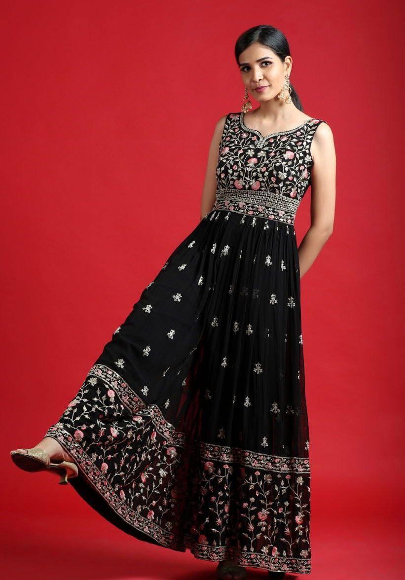 Black Designer Embroidered Georgette Jumpsuit Jumpsuits & Rompers Shopindiapparels.com