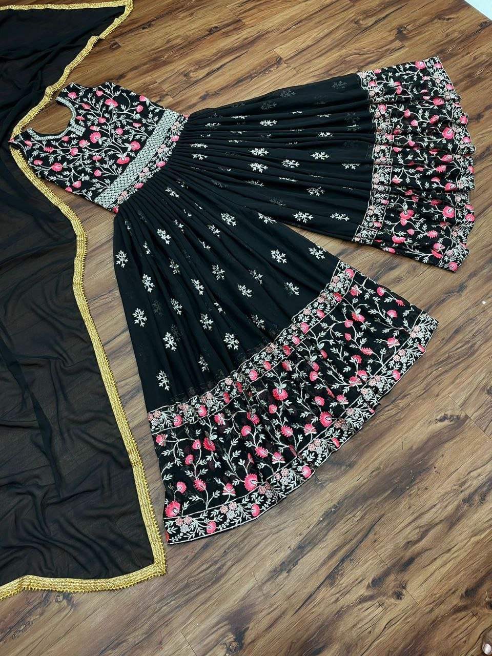 Black Designer Embroidered Georgette Jumpsuit Jumpsuits & Rompers Shopindiapparels.com