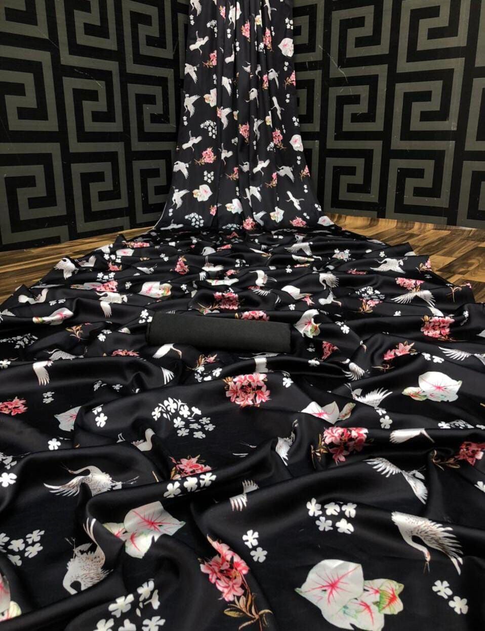 Black Floral Digital printed Japan Satin Saree with Satin Blouse Satin Saree Shopin Di Apparels