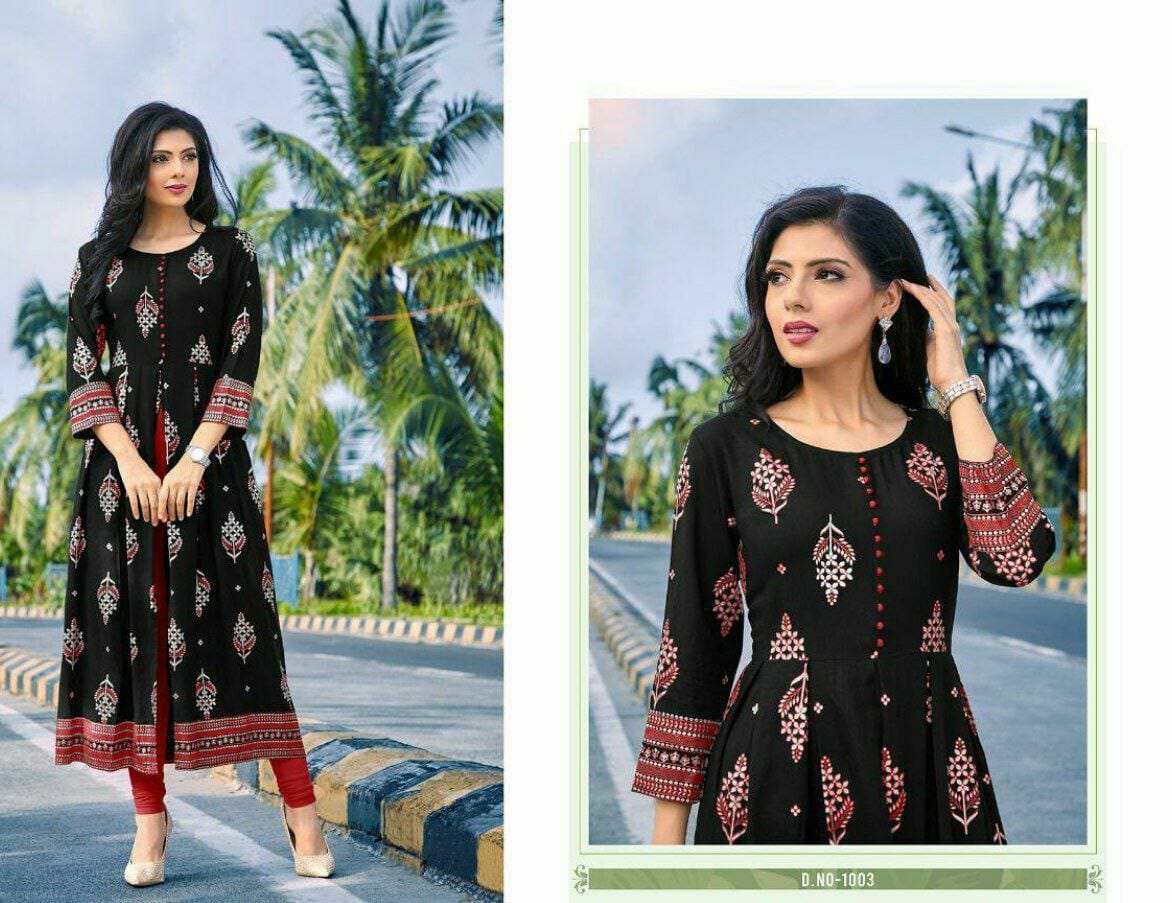 Black Hit Reyon Foil Print Center Cut Long Kurti in All Sizes Kurti Shopin Di Apparels