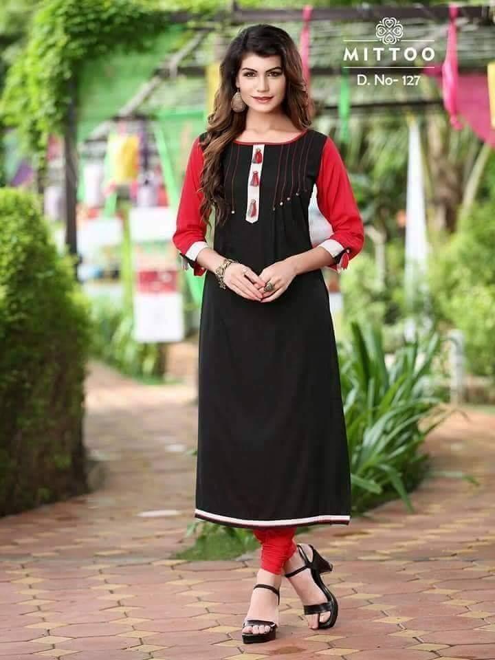 Black Long Heavy Long Rayon Embroidered Kurti  - Shopindiapparels.com