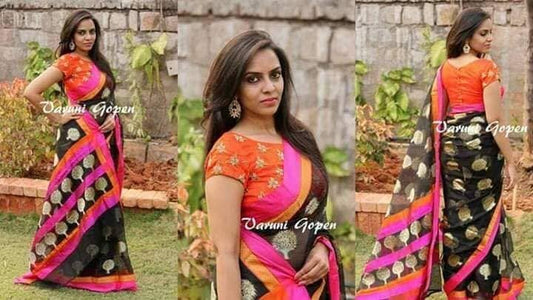 Black Motif Bhagalpuri Printed Cotton Saree with Embroidered Raw Silk Blouse Saree Shopin Di Apparels