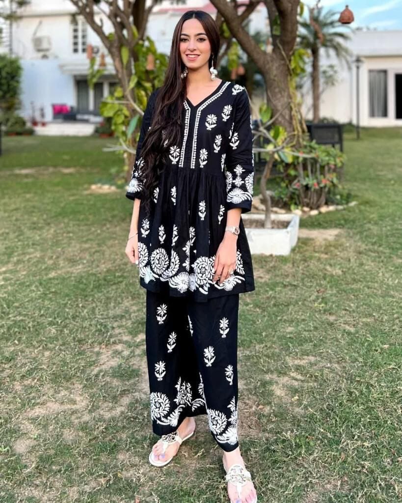 Black Reyon Embroidered Kurti with Sharara Kurti with Plazzo Shopin Di Apparels