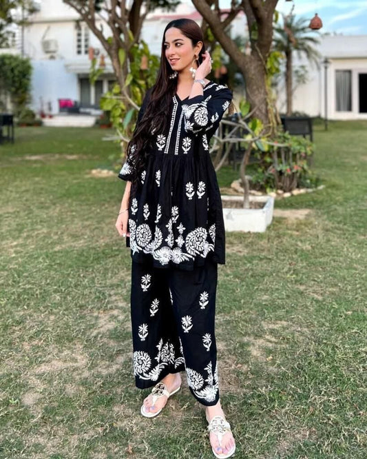 Black Reyon Embroidered Kurti with Sharara Kurti with Plazzo Shopin Di Apparels