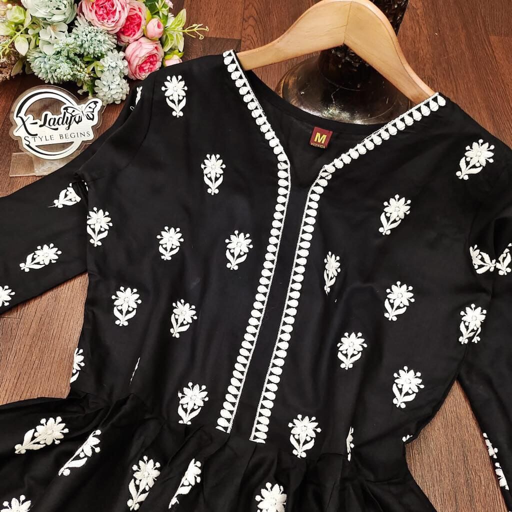 Black Reyon Embroidered Kurti with Sharara Kurti with Plazzo Shopin Di Apparels