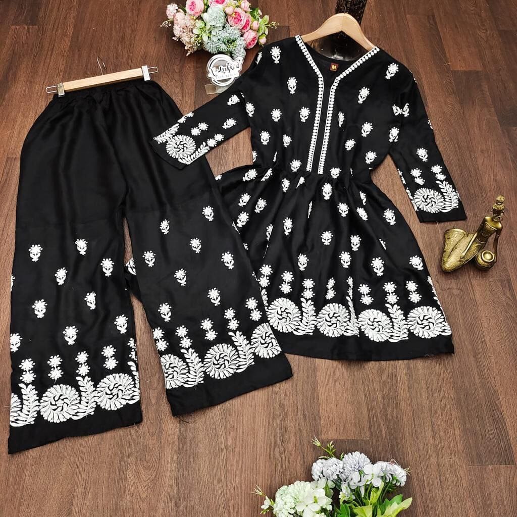 Black Reyon Embroidered Kurti with Sharara Kurti with Plazzo Shopin Di Apparels