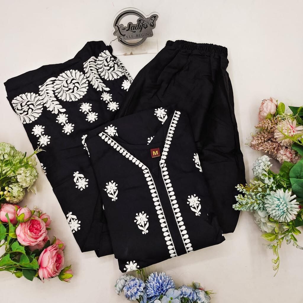Black Reyon Embroidered Kurti with Sharara Kurti with Plazzo Shopin Di Apparels