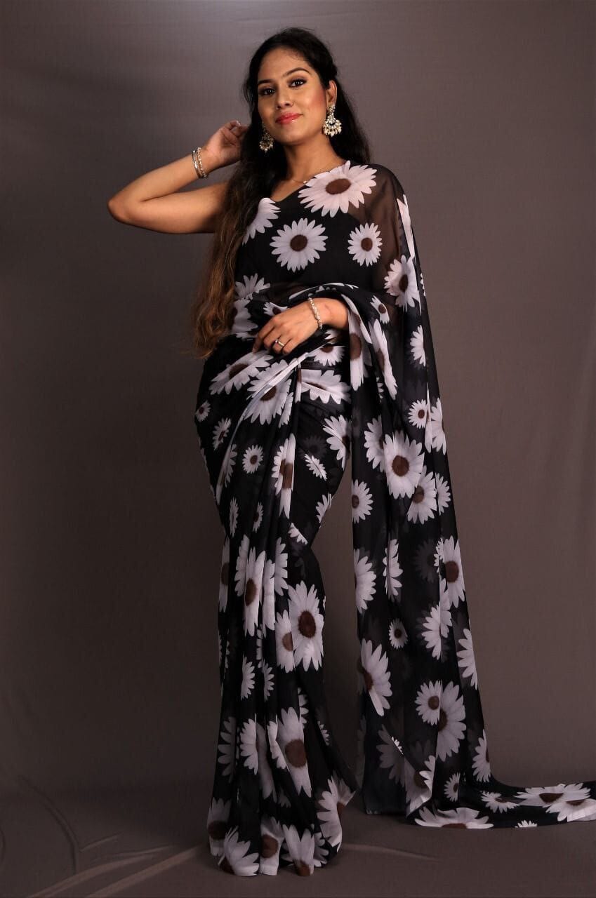 Black Sunflower Digital Printed Soft Georgette Saree shopindi.sg