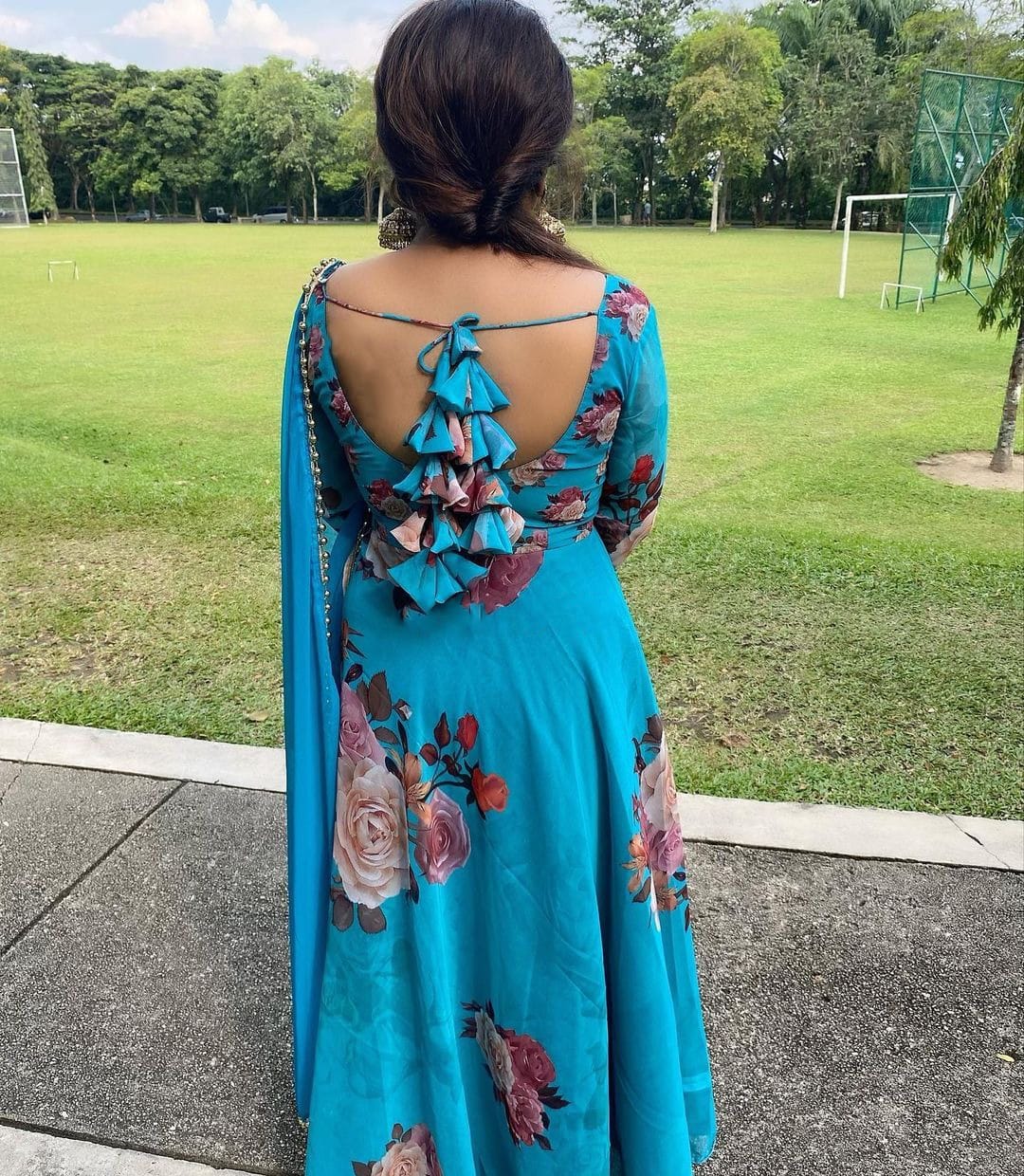 Blue Beautiful Georgette Gown with Floral Digital Printed Dupatta Gown with Dupatta Shopindiapparels.com