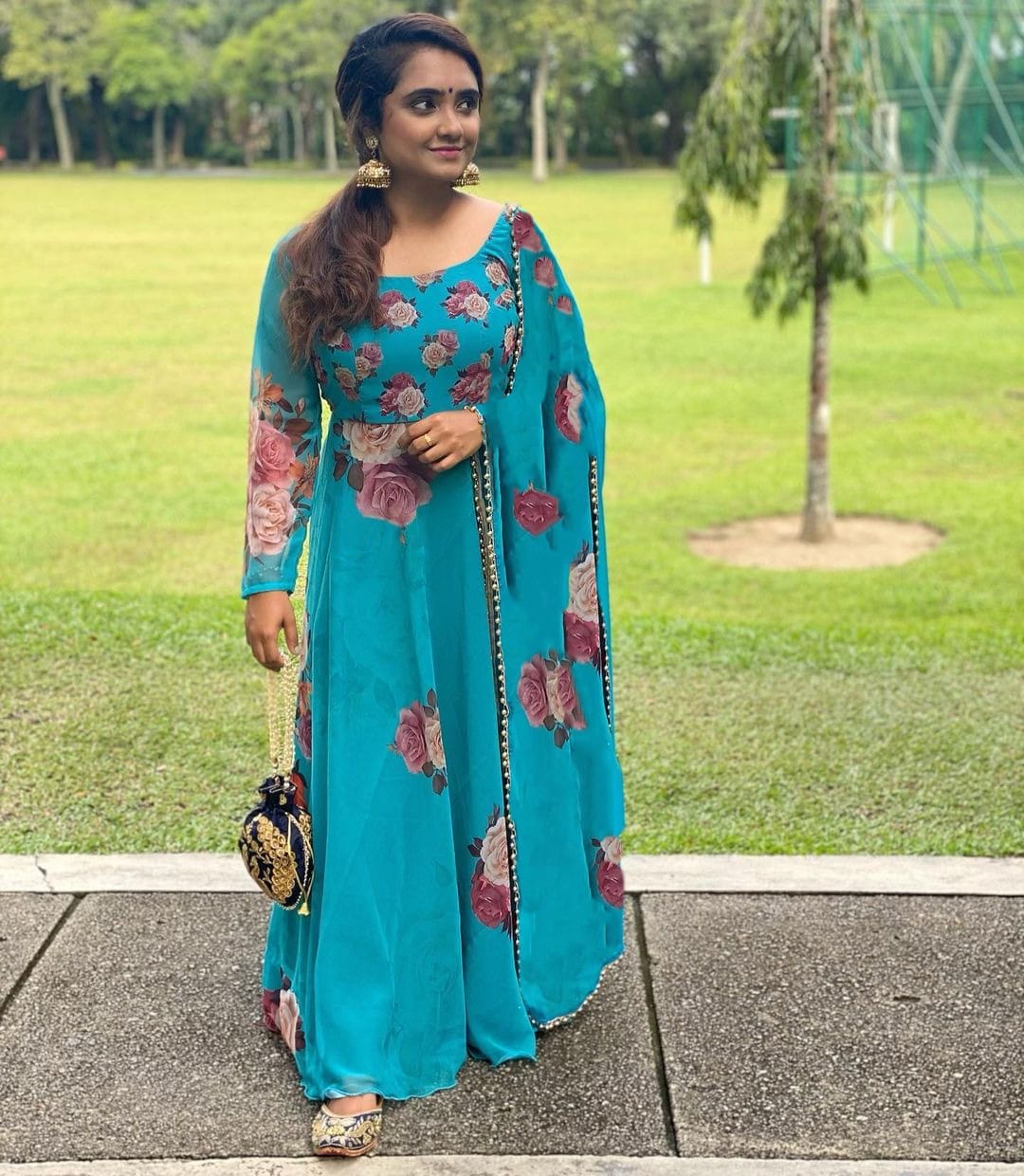 Blue Beautiful Georgette Gown with Floral Digital Printed Dupatta Gown with Dupatta Shopindiapparels.com