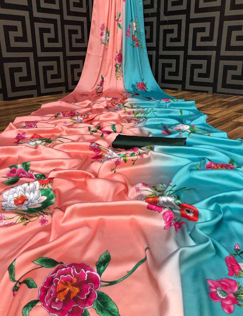 Blue Coral Digital printed Japan Satin Saree with Satin Blouse Satin Saree Shopin Di Apparels