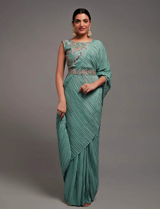 Blue Crush Chinon saree with heavy multi sequins work blouse and Qamar belt Designer Saree Shopin Di Apparels