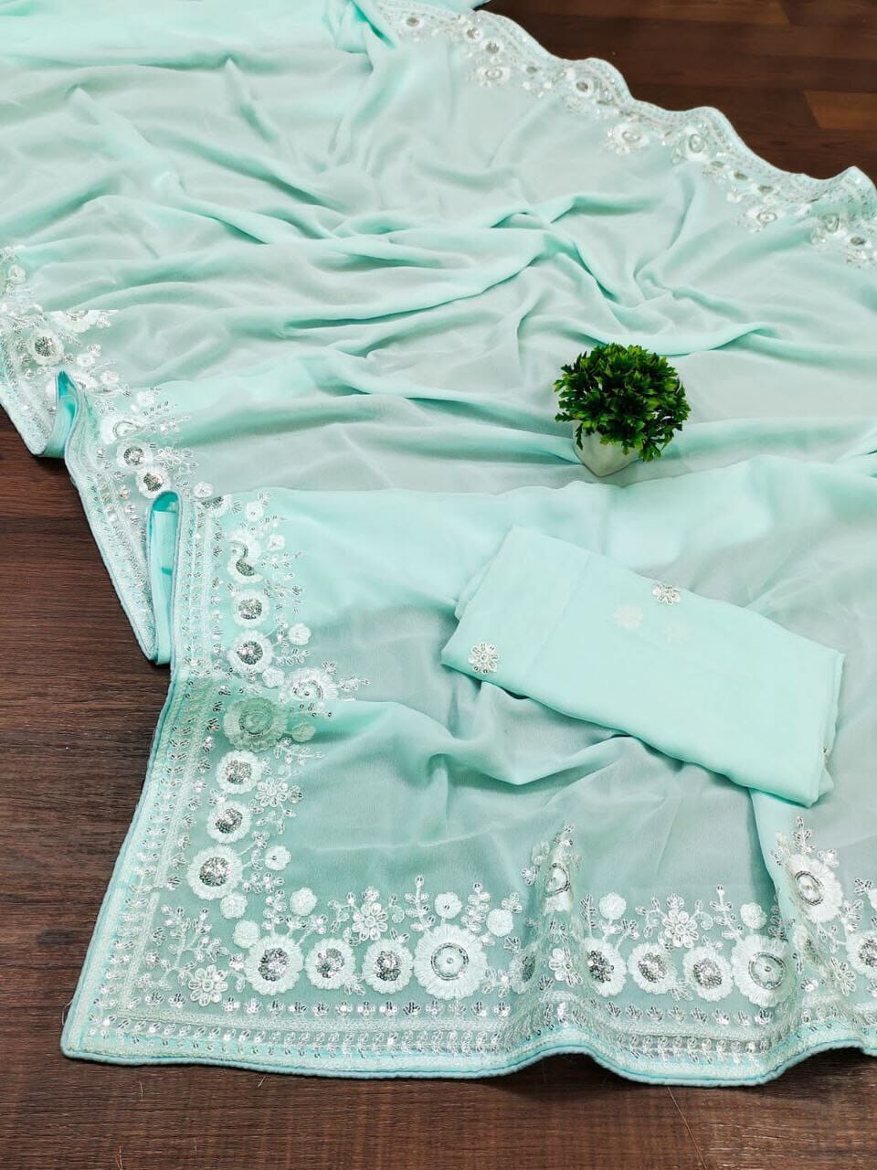 Blue Georgette embroidered Saree Shopin Di Apparels