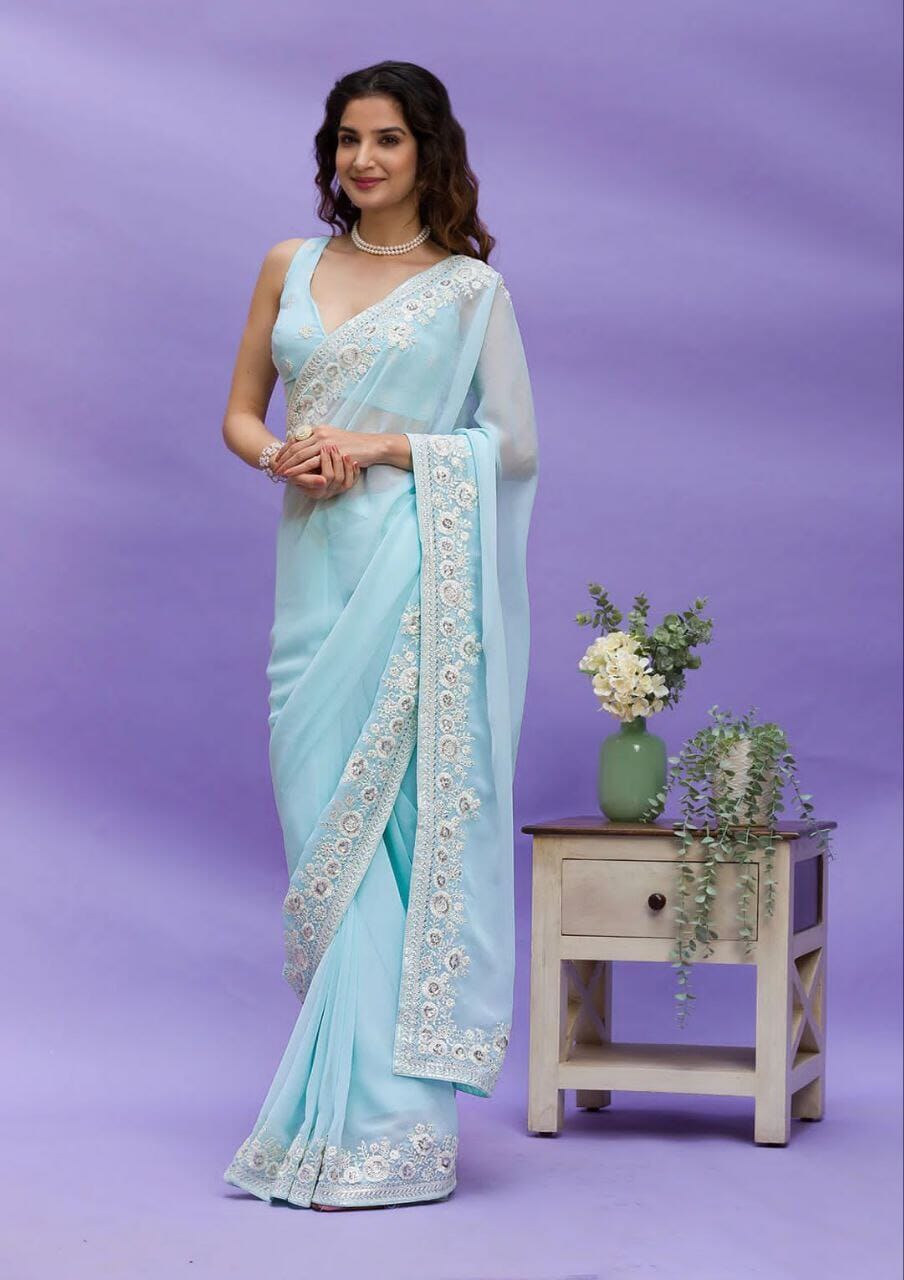 Blue Georgette embroidered Saree Shopin Di Apparels