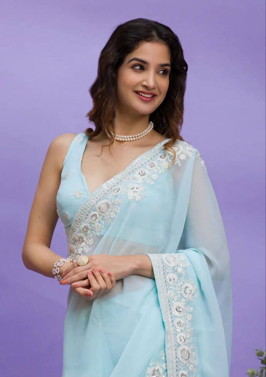 Blue Georgette embroidered Saree Shopin Di Apparels