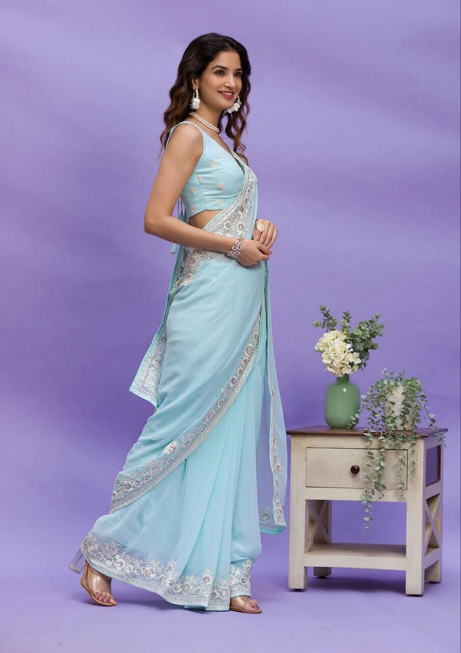 Blue Georgette embroidered Saree Shopin Di Apparels