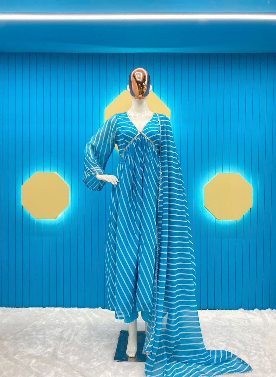 Blue Georgette Printed Aliya Cut with Nayra Cut Gown with Dupatta and Pant Shopin Di Apparels