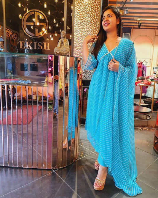 Blue Georgette Printed Aliya Cut with Nayra Cut Gown with Dupatta and Pant Shopin Di Apparels