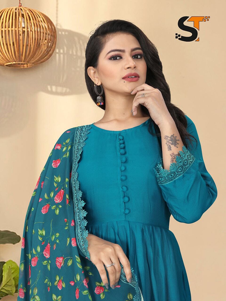 Blue Heavy Rayon Gown with Geogette Dupatta shopindi.sg