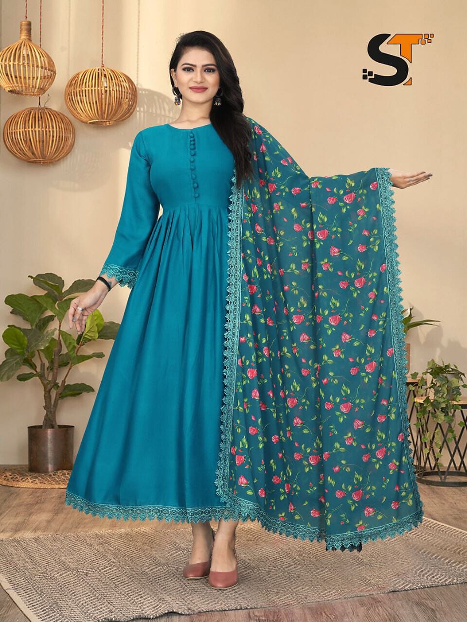 Blue Heavy Rayon Gown with Geogette Dupatta shopindi.sg