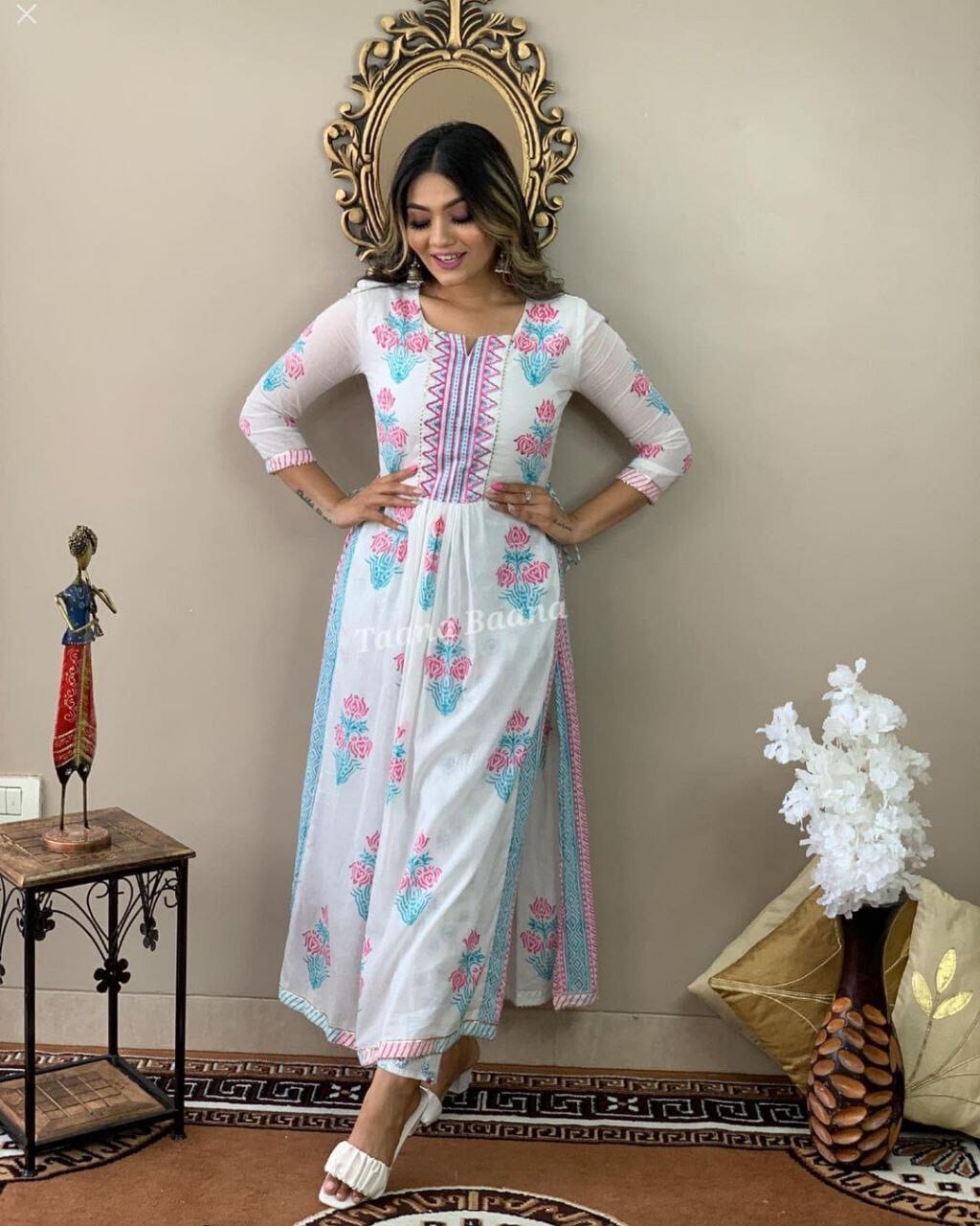 Blue White Printed & Gotta work Rayon Kurti with Plazzo Pant Set Kurti with plazzo Shopin Di Apparels