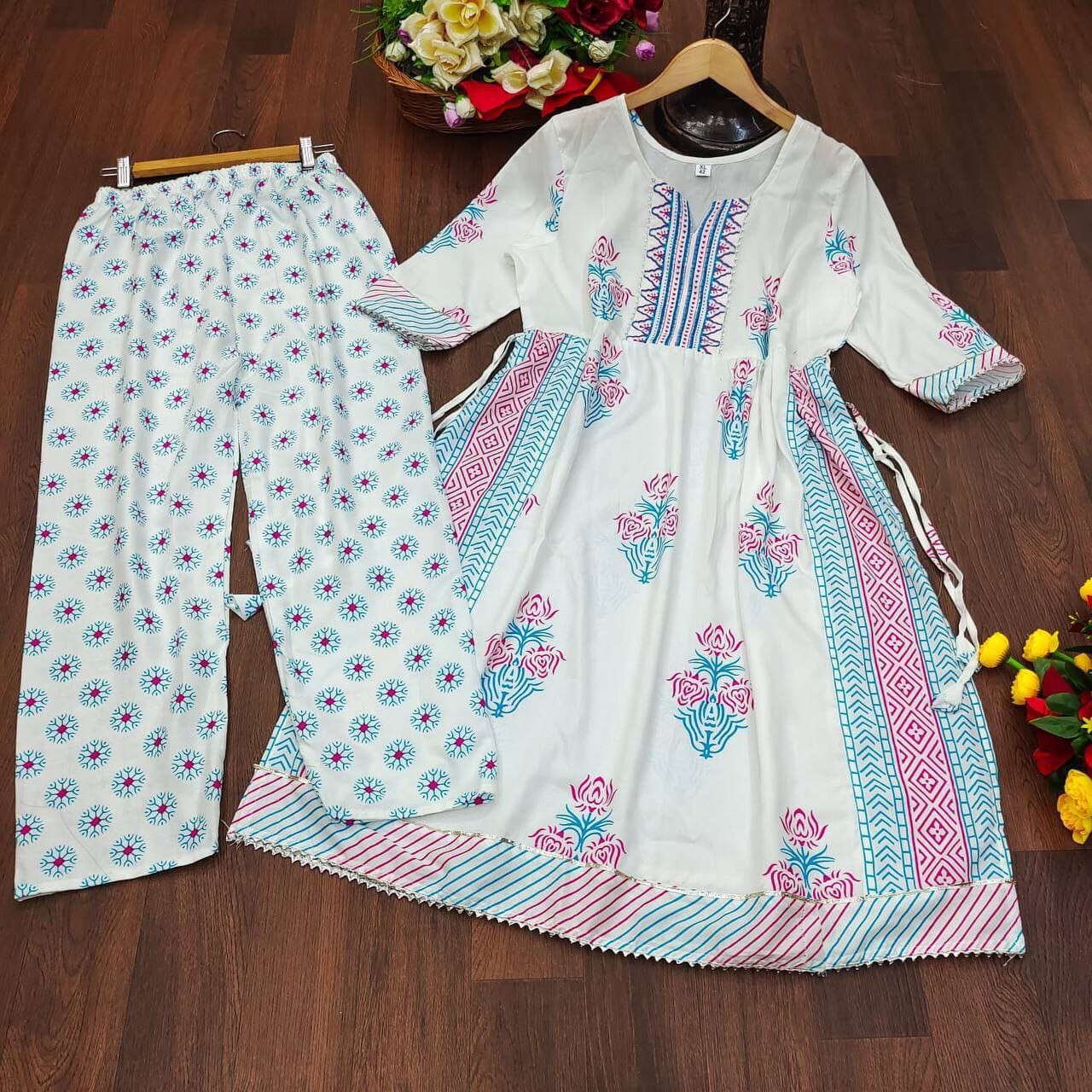 Blue White Printed & Gotta work Rayon Kurti with Plazzo Pant Set Kurti with plazzo Shopin Di Apparels