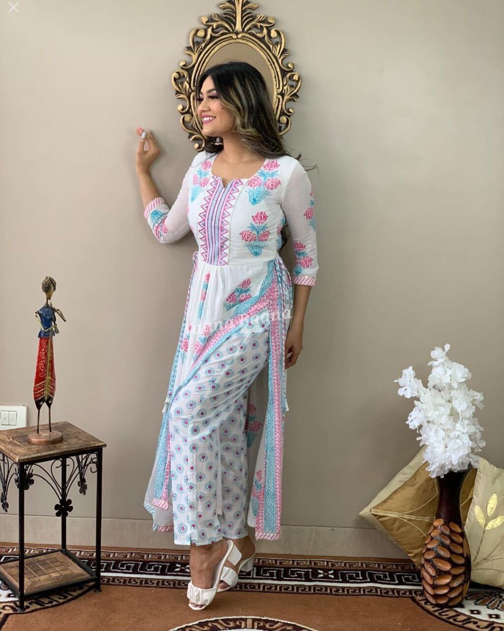 Blue White Printed & Gotta work Rayon Kurti with Plazzo Pant Set Kurti with plazzo Shopin Di Apparels
