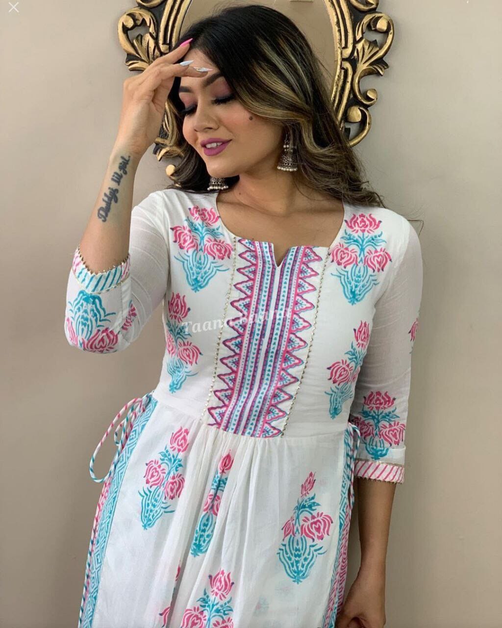 Blue White Printed & Gotta work Rayon Kurti with Plazzo Pant Set Kurti with plazzo Shopin Di Apparels