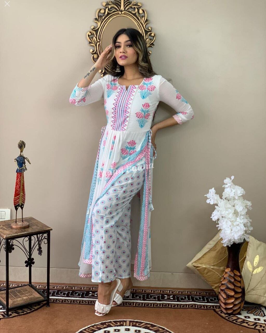 Blue White Printed & Gotta work Rayon Kurti with Plazzo Pant Set Kurti with plazzo Shopin Di Apparels