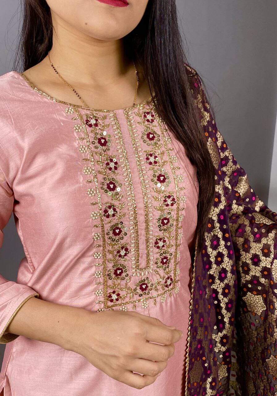 Cotton Silk Handwork Kurti with Banarasi Dupatta and Bottom Kurti with Dupatta and Bottom Shopin Di Apparels