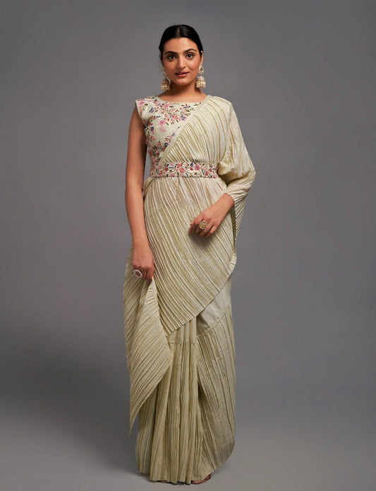 Cream Crush Chinon saree with heavy multi sequins work blouse and Qamar belt Designer saree Shopin Di Apparels