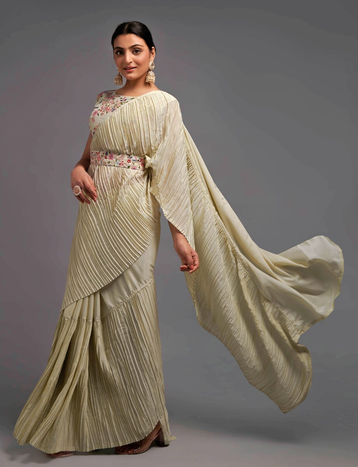 Cream Crush Chinon saree with heavy multi sequins work blouse and Qamar belt Designer saree Shopin Di Apparels
