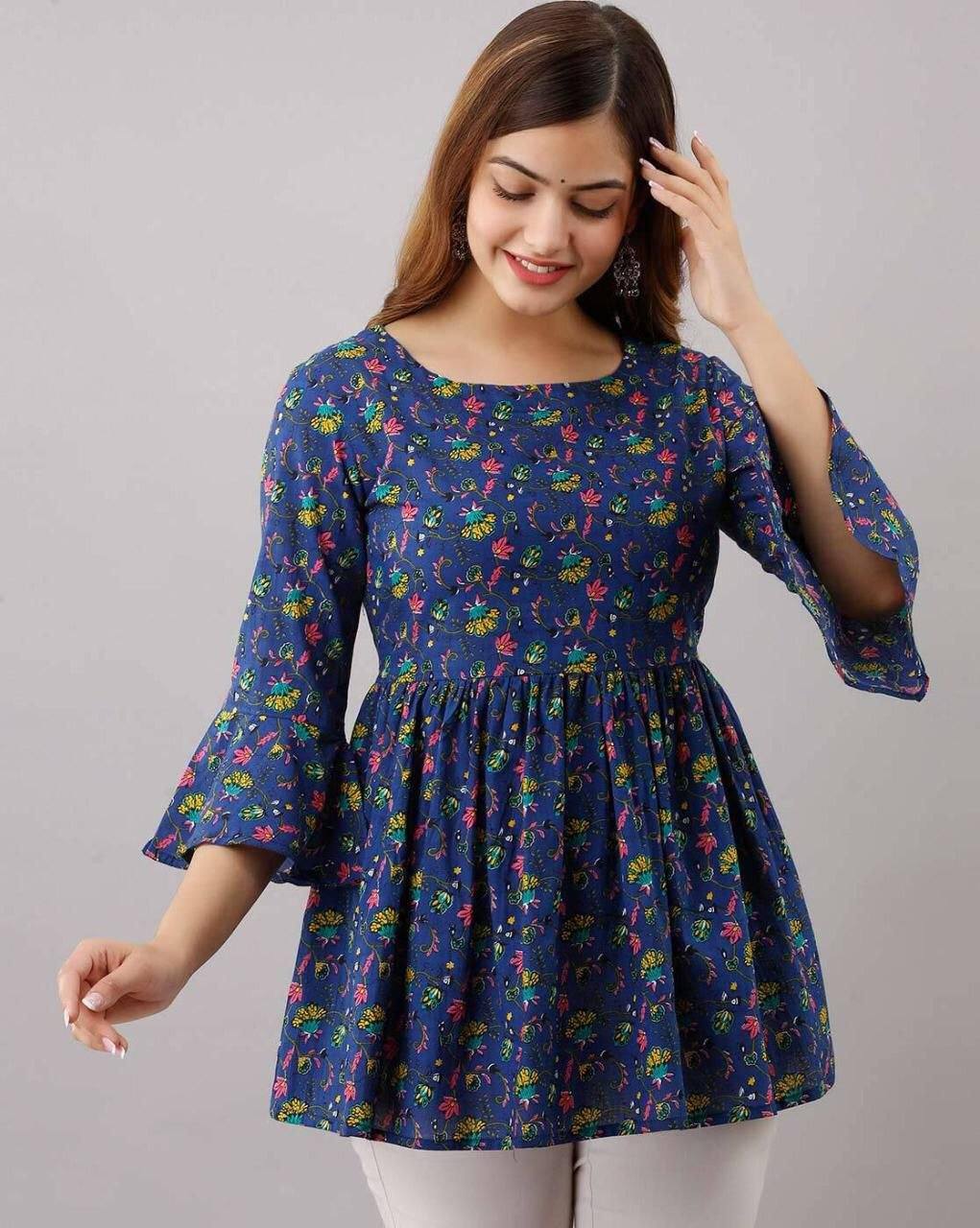 Dark Blue Cotton Western Printed Top Western Top Shopindiapparels.com