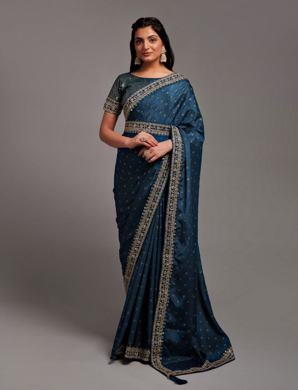Dark Blue Zari Work Chinon Designer Saree Designer Saree Shopin Di Apparels