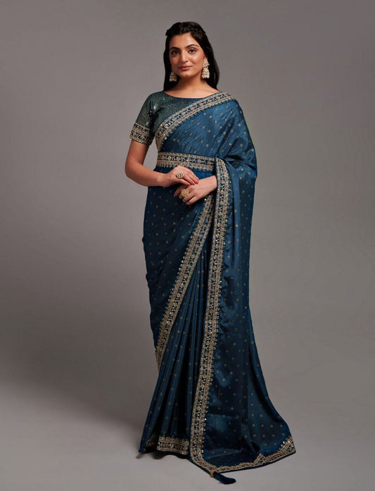 Dark Blue Zari Work Chinon Designer Saree Designer Saree Shopin Di Apparels