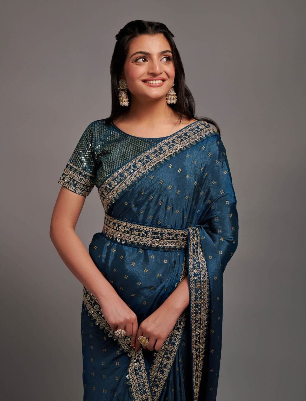 Dark Blue Zari Work Chinon Designer Saree Designer Saree Shopin Di Apparels