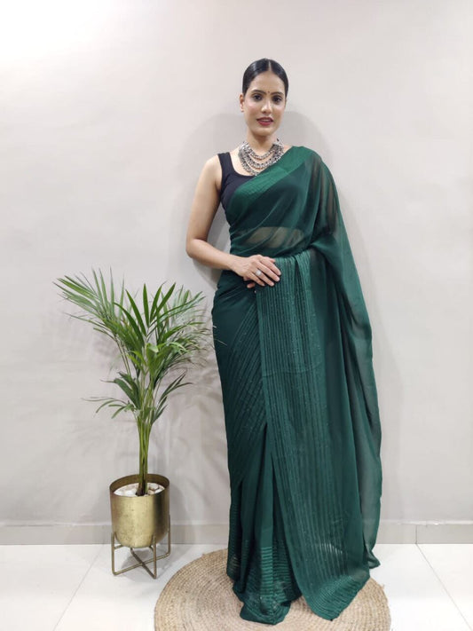 Dark Green Sequence Work Georgette Readymade Saree Shopin Di Apparels