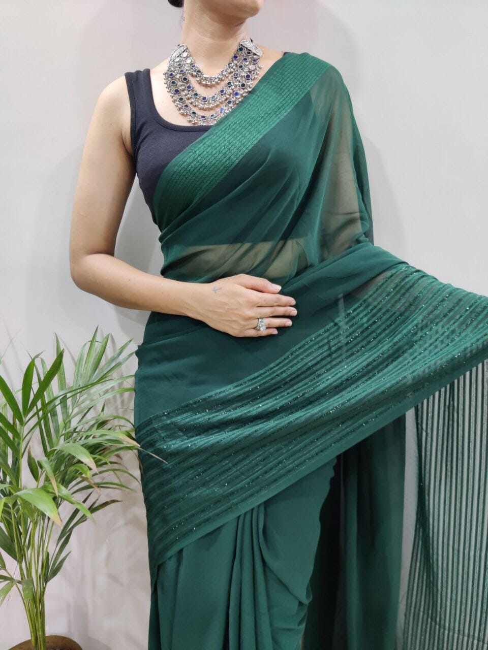 Dark Green Sequence Work Georgette Readymade Saree Shopin Di Apparels